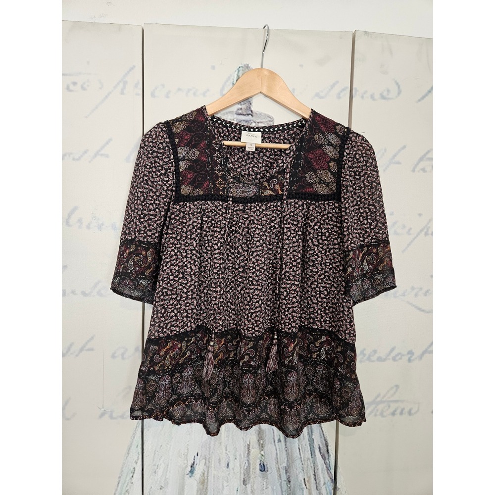 Knox Rose Blouse Small Black Mixed Floral Paisley Boho Tassel Crochet Peasant
